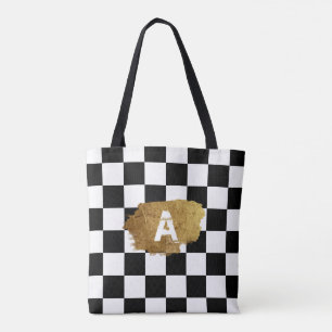 Black and White chess gold badge Monogram Tote Bag