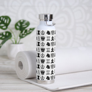 Black and White Chess Piece Pattern Water Bottle