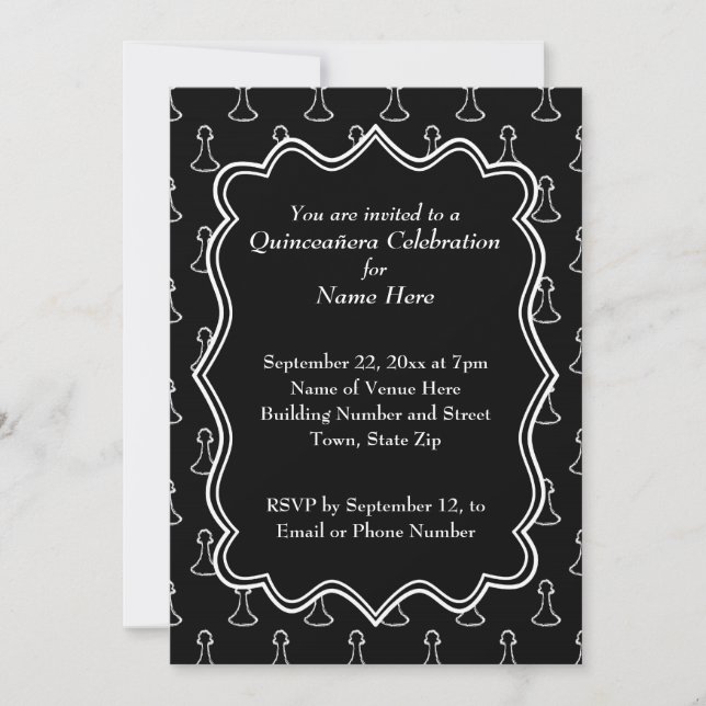 Black and White Chess Themed Quincenera Invitation (Front)