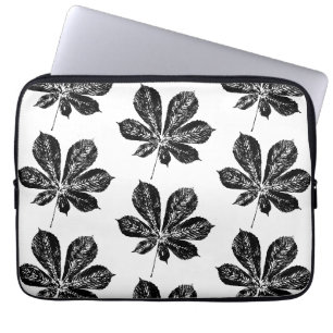 Black and White Chestnut Leaf Print Laptop Sleeve