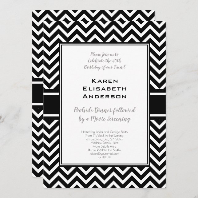 Black and White Chevron Birthday Party Invitation (Front/Back)