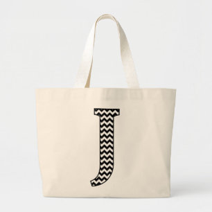 Black and White Chevron Letter J Monogram Large Tote Bag