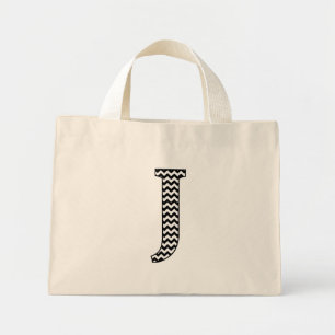 Black and White Chevron Letter J Monogram Mini Tote Bag