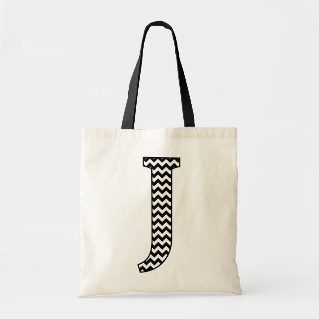 Black and White Chevron Letter J Monogram Tote Bag (Front)