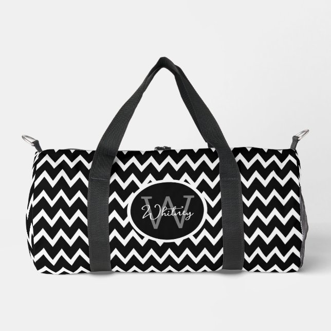 Black And White Chevron Pattern Monogrammed Small Duffle Bag (Front)