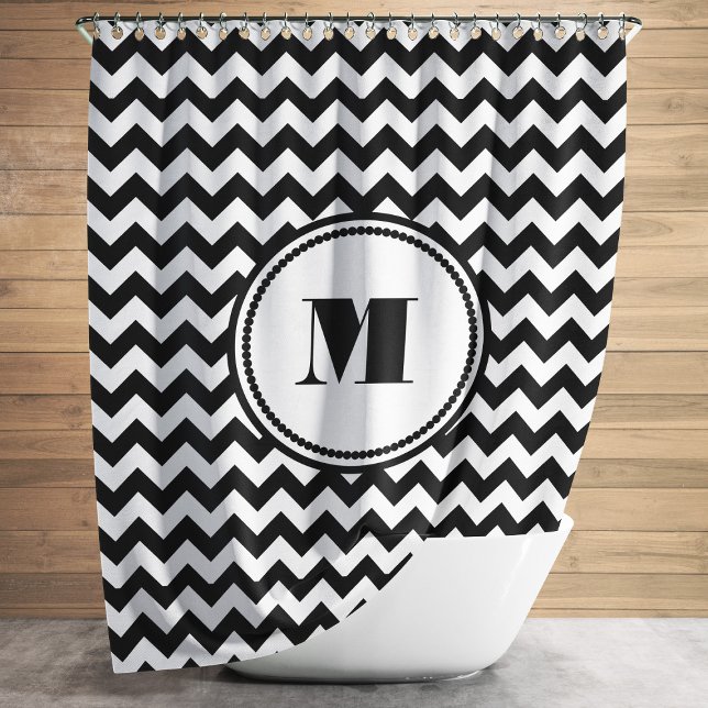 Black And White Chevron Pattern With Monogram Shower Curtain (Monogram Black White Striped Chevron Pattern Shower Curtain)