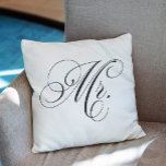 Black and White Chevron Stripes "Mr" Cushion<br><div class="desc">His and Hers decorative script typography design.</div>