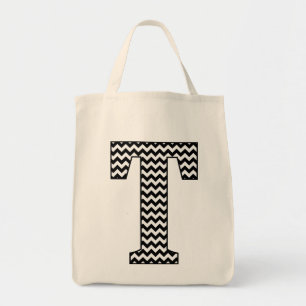 Black and White Chevron "T" Tote Bag