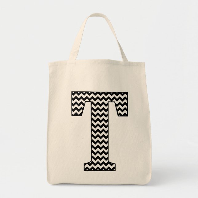 Black and White Chevron "T" Tote Bag (Front)