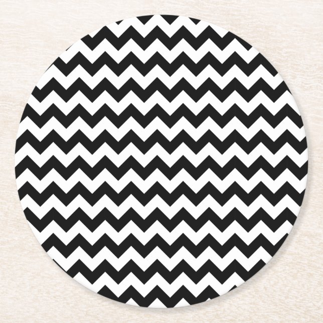 Black and White Chevron Traditional Design Round Paper Coaster (Front)