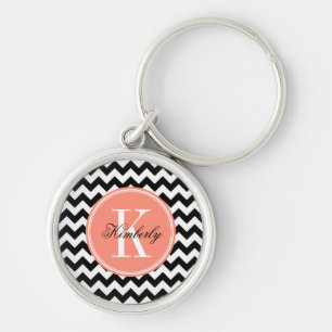Black and White Chevron with Coral Monogram Key Ring