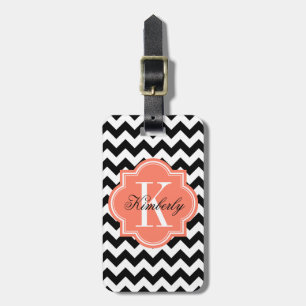 Black and White Chevron with Coral Monogram Luggage Tag