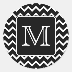 Black and White Chevron with Custom Monogram. Classic Round Sticker