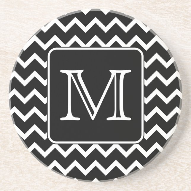 Black and White Chevron with Custom Monogram. Coaster (Front)