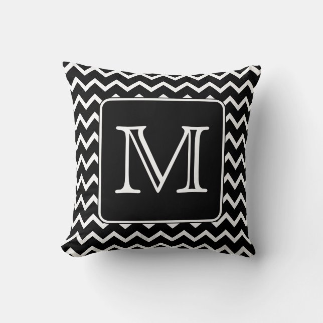 Black and White Chevron with Custom Monogram. Cushion (Front)