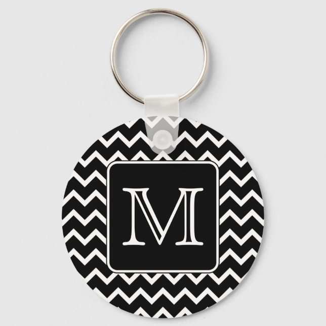 Black and White Chevron with Custom Monogram. Key Ring (Front)
