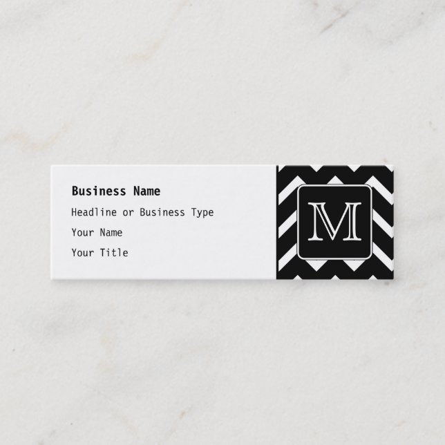 Black and White Chevron with Custom Monogram. Mini Business Card (Front)