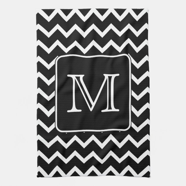Black and White Chevron with Custom Monogram. Tea Towel (Vertical)