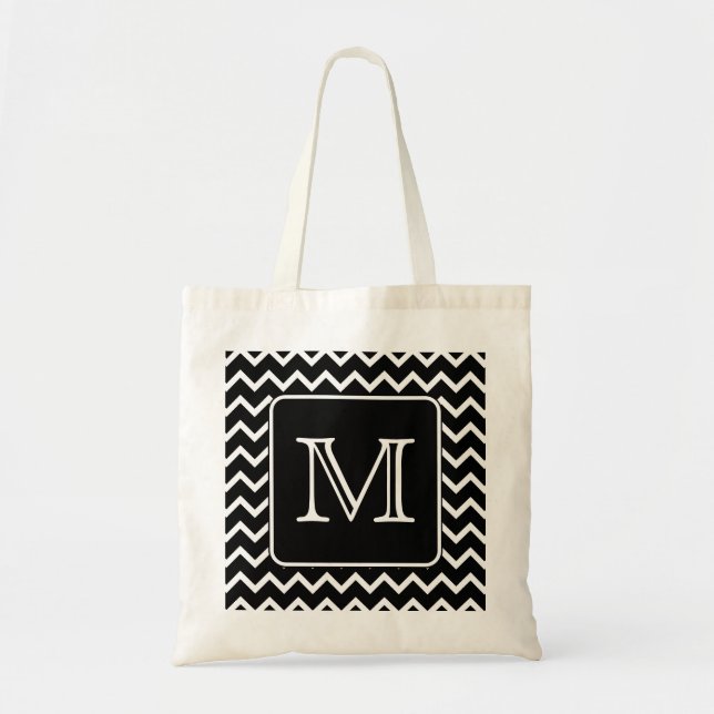 Black and White Chevron with Custom Monogram. Tote Bag (Front)