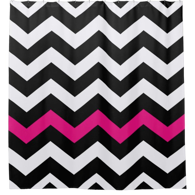 Black and White Chevron With Hot Pink Accent Shower Curtain (Front)
