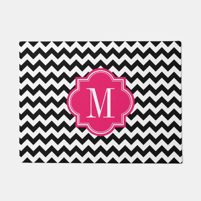 Black and White Chevron with Hot Pink Monogram Doormat (Front)