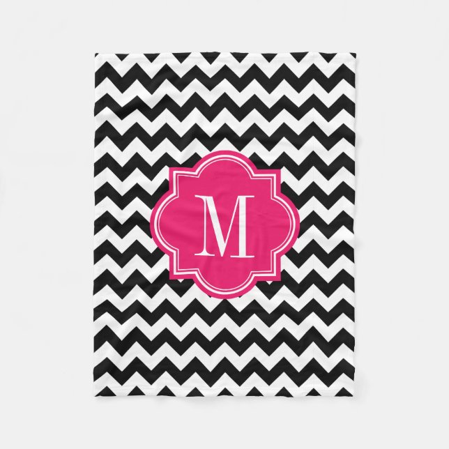 Black and White Chevron with Hot Pink Monogram Fleece Blanket (Front)