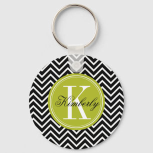 Black and White Chevron with Lime Green Monogram Key Ring
