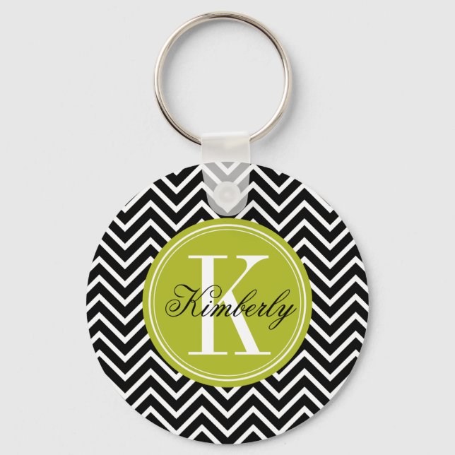 Black and White Chevron with Lime Green Monogram Key Ring (Front)