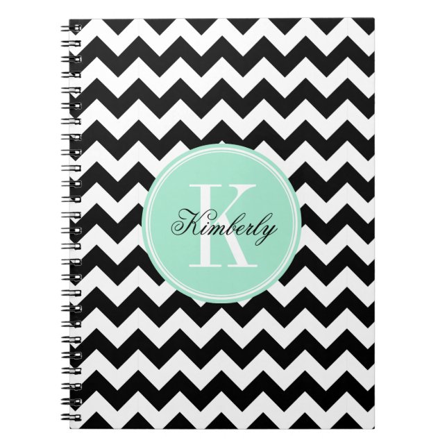 Black and White Chevron with Mint Monogram Notebook (Front)