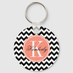 Black and White Chevron with Peach Monogram Key Ring