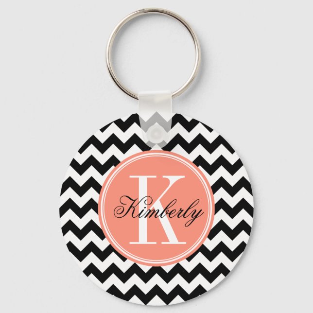 Black and White Chevron with Peach Monogram Key Ring (Front)