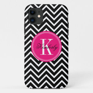 Black and White Chevron with Pink Monogram iPhone 11 Case