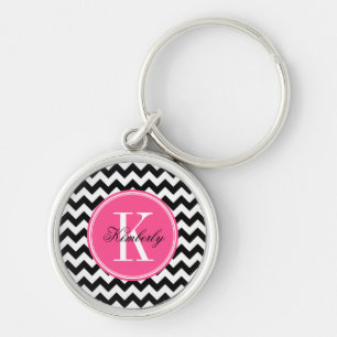 Black and White Chevron with Pink Monogram Key Ring