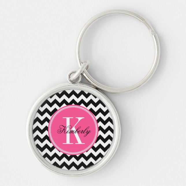 Black and White Chevron with Pink Monogram Key Ring (Front)