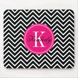 Black and White Chevron with Pink Monogram Mouse Pad