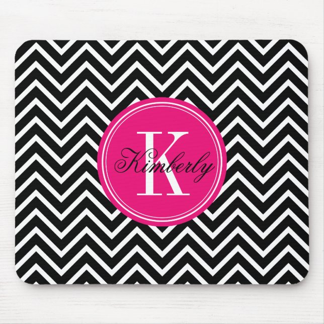 Black and White Chevron with Pink Monogram Mouse Pad (Front)
