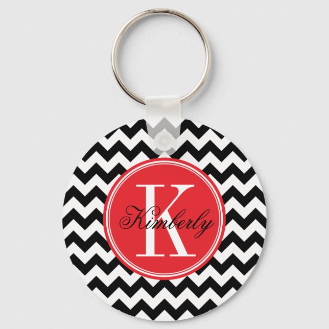 Black and White Chevron with Red Monogram Key Ring (Front)