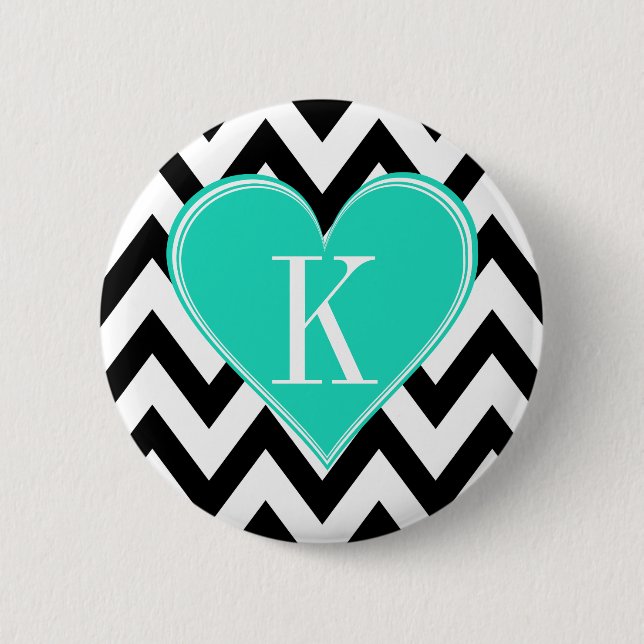 Black and White Chevron with Teal Heart Monogram 6 Cm Round Badge (Front)