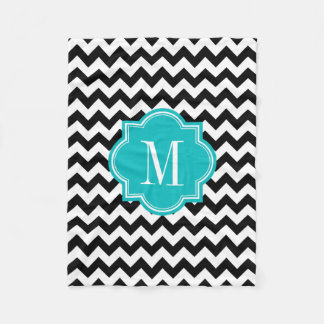 Black and White Chevron with Teal Monogram Fleece Blanket