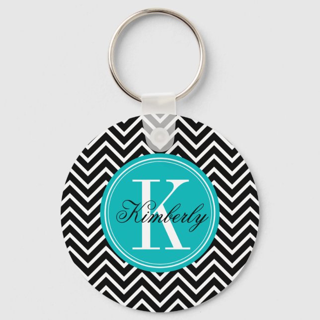 Black and White Chevron with Teal Monogram Key Ring (Front)