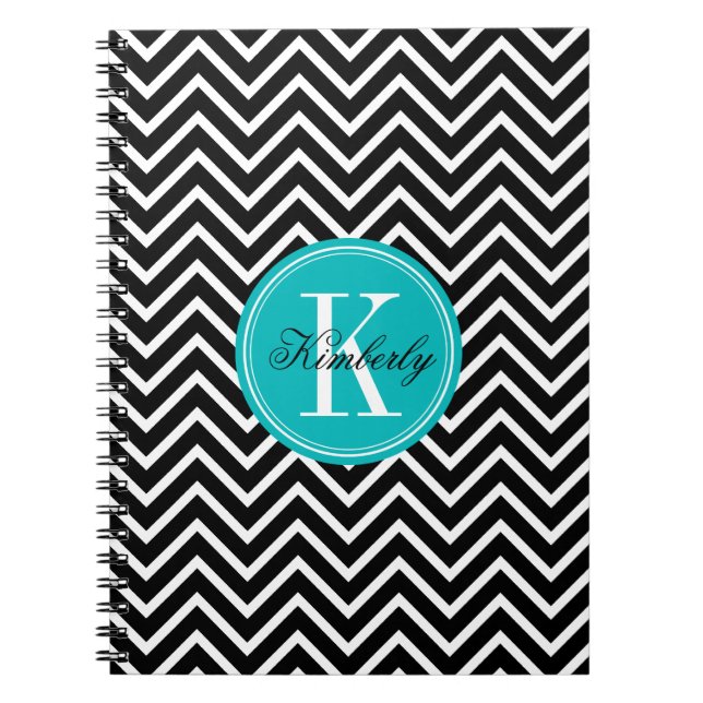Black and White Chevron with Teal Monogram Notebook (Front)