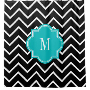Black and White Chevron with Teal Monogram Shower Curtain