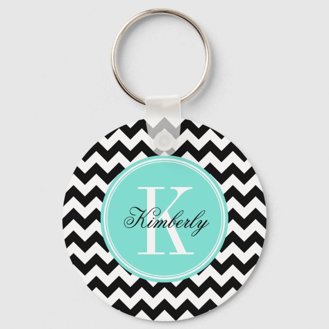 Black and White Chevron with Turquoise Monogram Key Ring (Front)