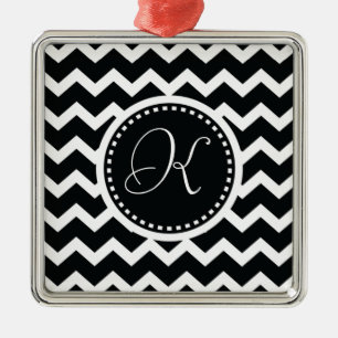 Black and White Chevron Zig Zag Retro Elegance Metal Ornament