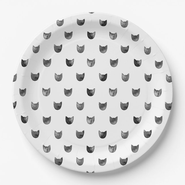 Black and White Chic Cute Cat Pattern Paper Plate (Front)