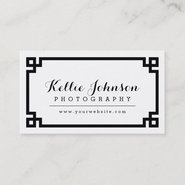 Black and White Chic Greek Key Border Business Card (Front)