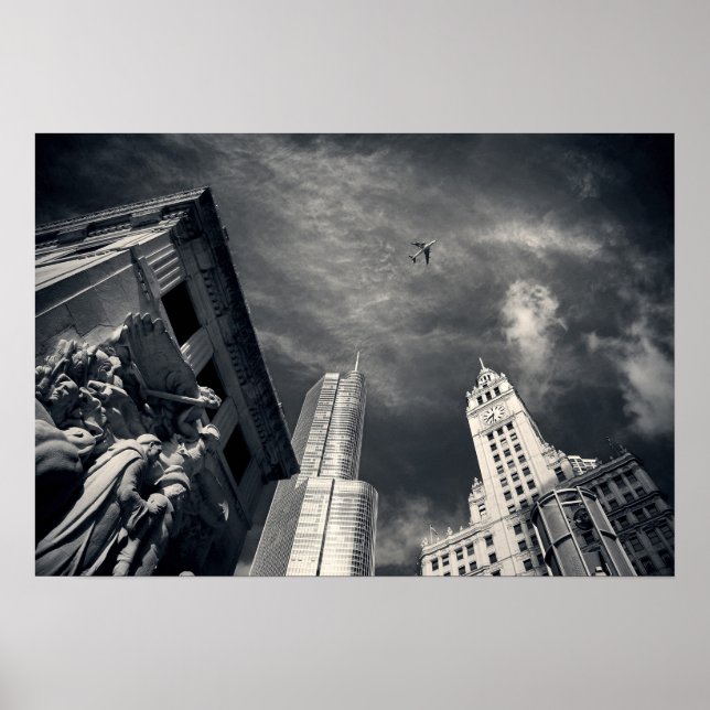 Black and White Chicago City Skyline with Aeroplan Poster (Front)