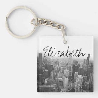Black and White Chicago Skyline with a Name Key Ring