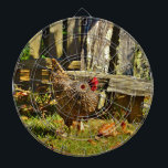 Black and white Chicken in farmyard Dartboard<br><div class="desc">Black and white Chicken in the Farm Yard Rooster at the Farm Photo by Sandy Closs. "chicken lover""chicken colector "farm yard chicken " "decorative chicken " "colourful chicken " "collectors  chicken" "farm animals " "gamebird " chicken hen bird</div>