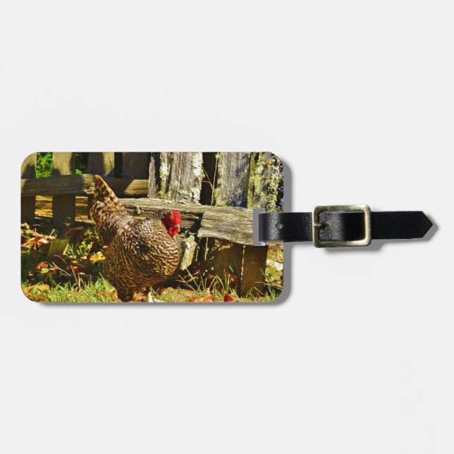 Black and white Chicken in farmyard Luggage Tag (Front Horizontal)